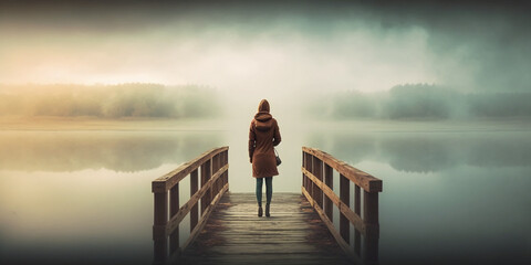 Young woman standing alone on edge of footbridge and staring at lake. Mist over water. Foggy air. Generative ai