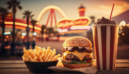 Fast food (delicious burger, french fries and soft drink) on background of a theme park with attractions. Based on Generative AI
