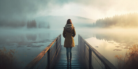 Young woman standing alone on edge of footbridge and staring at lake. Mist over water. Foggy air. Generative ai - obrazy, fototapety, plakaty