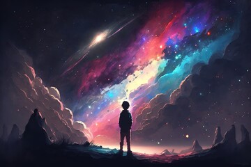 Fototapeta premium boy looking for a colorful galaxy in the sky. Generative Ai 