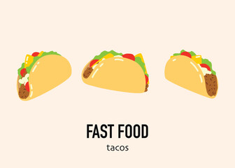 Three tacos on a pink background with the words fast food on it