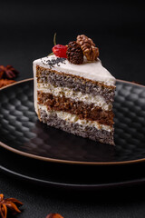 Delicious beautiful piece of cake with cream and berries