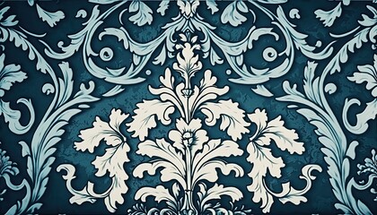 Blue and white vintage wallpaper floral pattern created with generative AI technology
