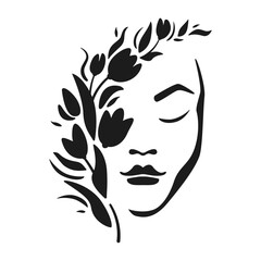 Beautiful face of a woman and abstract floral motifs. Organic symbol of nature. Logo for a beauty studio, cosmetics, make-up studio, spa salon, hair salon. Vector illustration