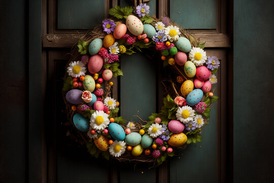 Ghirlanda decorativa di Pasqua con ovetti e fiori su porta di legno generata dall'AI