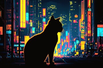 A silhouette of a dark cat with a lofi neon city in the background, generative ai