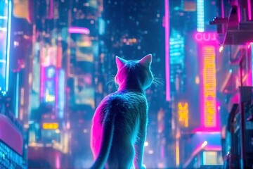 A cute kitten standing in a colorful and bright futuristic neon city, generative ai