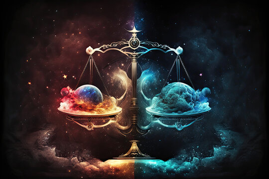 Libra astrological zodiac sign in front of a space nebula