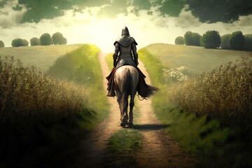 A medieval knight on horseback riding through a lush green field towards a distant sunset horizon, generative ai - obrazy, fototapety, plakaty