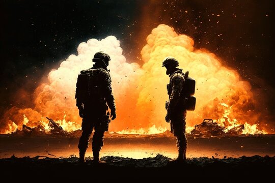 Two soldiers facing each other with a burning explosion in the background, generative ai