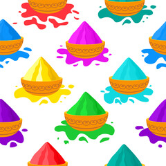 Seamless pattern of colorful holi colors. Indian holiday holi. Bright festival of colors in India. Colored crumbly paint. Dry bright paint for Indian holi. Colorful powder paint.