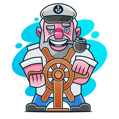 Bearded ship captain or skipper with a pipe and peaked cap for marine nautical logo sailor