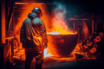 Fototapeta premium Worker at iron, steel or metal plant. Generative Ai