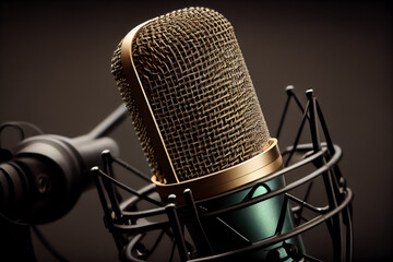 Vintage studio microphone, recording or karaoke background. Generative Ai