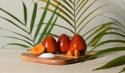 Chontaduro (Bactris gasipaes)Slices of the exotic tropical fruit of the palm tree Bactris...