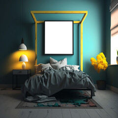 Disorderly bedroom with wall frame mockup and yellow flowers