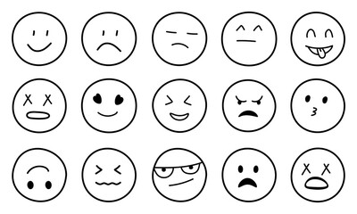 Hand drawn emojis faces. Line art style. Vector illustration isolated on white background