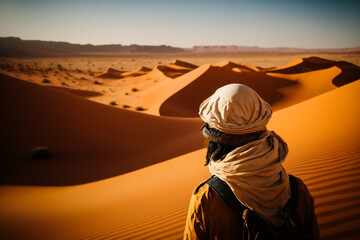 A person in a desert with a white hat and a desert landscape
