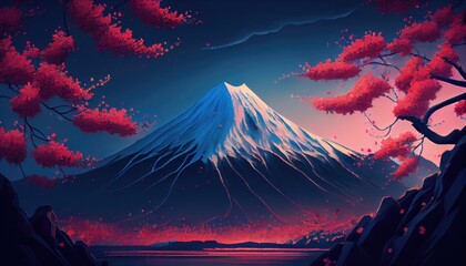 The Impressive Landscape of Sakura Blooming Around Mount Fuji. Ai generated images illustration.