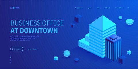 Cityscape design with skyscrapers icon. Business office at downtown, city apartment houses, abstract architectural landscape. Isometric vector illustration for visualization of business presentation