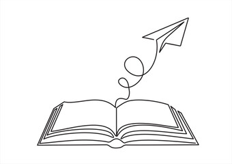 Continuous one line drawing of open book with flying paper plane. Vector illustration on white background.