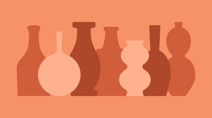 Boho ceramic vases. Colored vase amphora jar silhouette shapes, minimal pottery concept for posters. Vector flat illustration