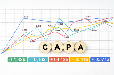 Obraz premium On the business chart are wooden circles with the inscription - CAPA