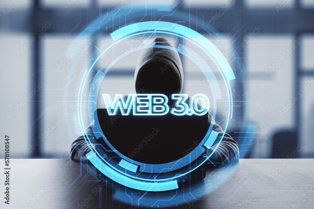 Poster Web 3.0 - a new generation of the Internet, using blockchain and AI, modern technologies IoT. Hacker at desktop using laptop with hologram on blurry background. Double exposure.