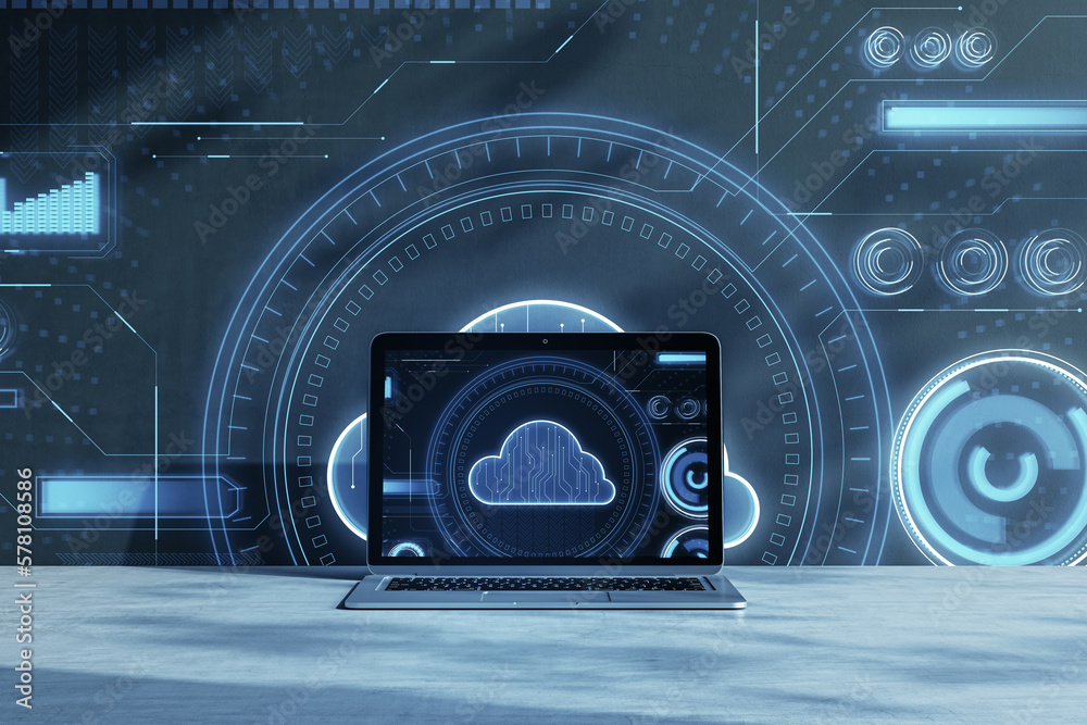 Aufkleber Close up of laptop computer on desktop with glowing cloud computing hologram. Database concept. 3D Rendering.