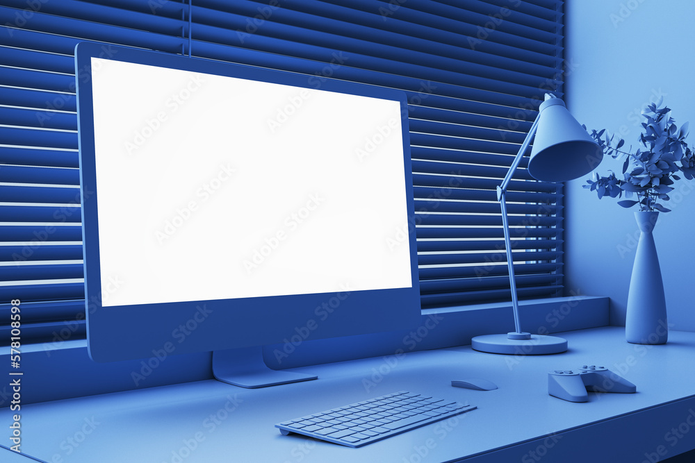 Aufkleber Perspective view on blank white computer monitor screen with space for web design or web site on work table with joystick on window background closed by blinds. 3D rendering, mockup, closeup