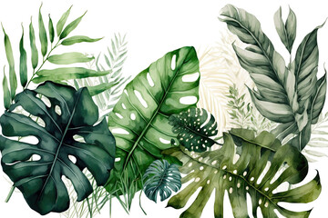 green tropical leaves in style of aquarelle, ai generated