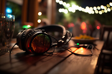 Fototapeta na wymiar Modern big professional headphones on DJs table at night party. Neural network AI generated art