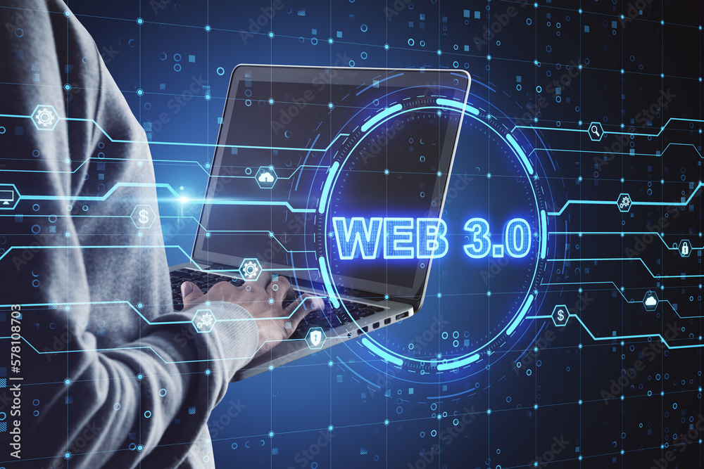 Poster Web 3.0 new internet future distributed block chain technology, hacking concept. Close up of hands using laptop with hologram on blue background.