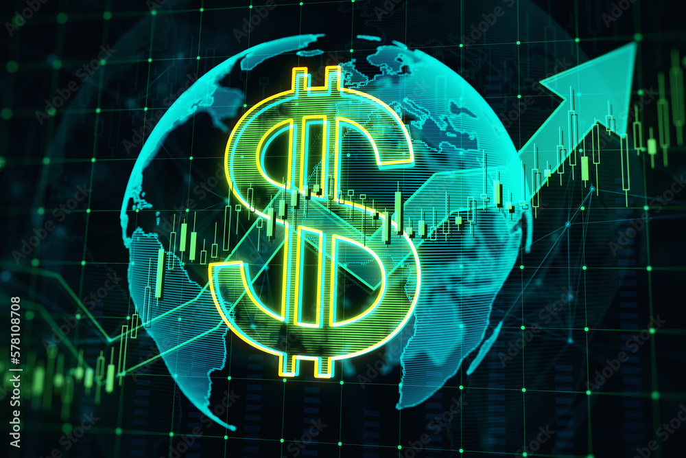 Poster global stock market and currency strengthening concept with glowing digital dollar symbol, growing f