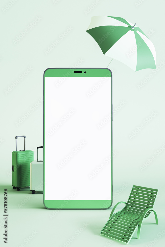 Poster creative mobile phone with travel items. online trip booking concept on green background. mock up pl