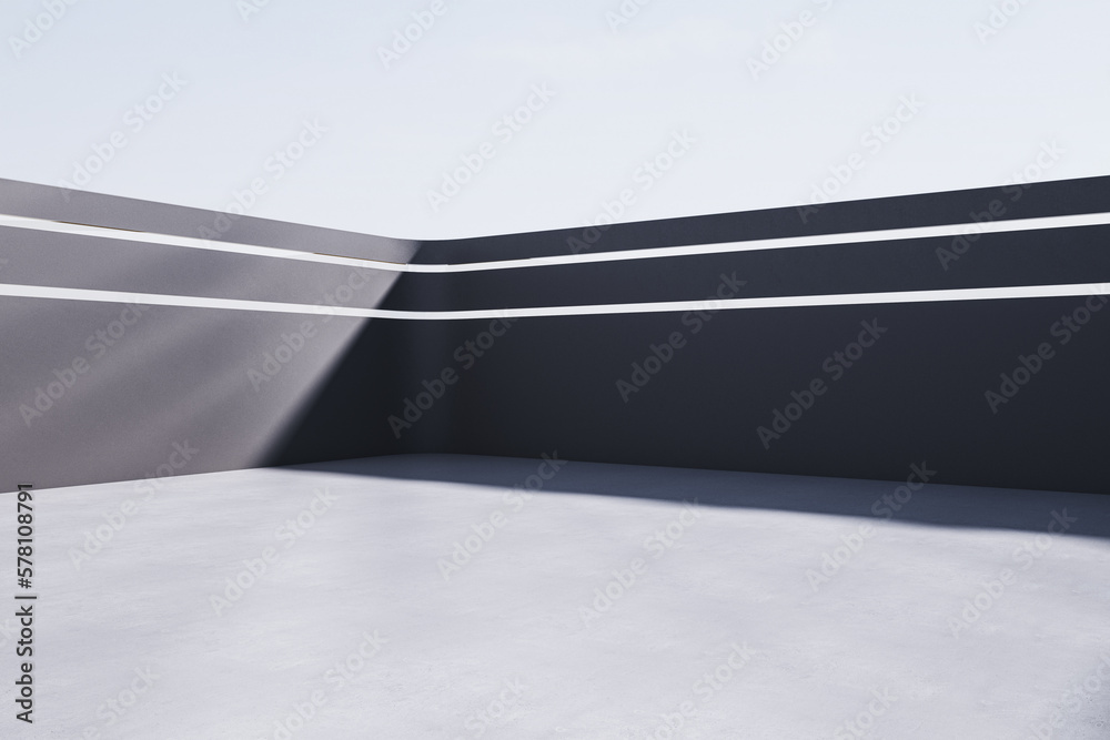 Poster Modern open space concrete walls with sunlight and mock up place. 3D Rendering.