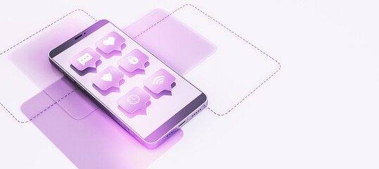 Creative purple cellular phone with communication icons on screen. Social media and network concept. 3D Rendering.