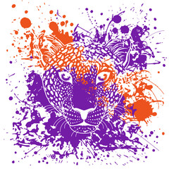 vector illustration of a leopard's face next to purple and orange spots.
