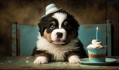  a puppy with a birthday hat sitting next to a cupcake.  generative ai