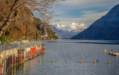 Swiss Alps - snow-capped mountains  on Lake Lugano