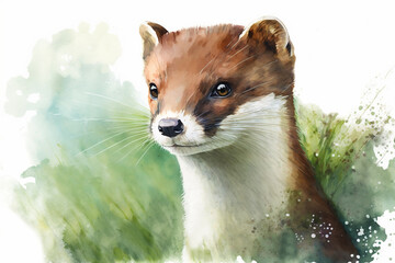Fototapeta Watercolor painting of cute stoat with copy space for text. Beautiful artistic animal portrait made with generative AI.  obraz