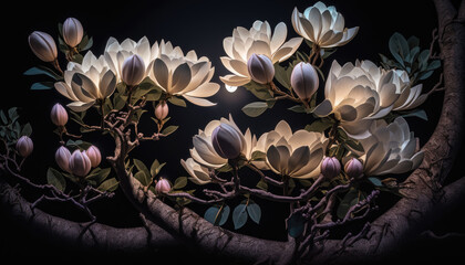 Branches of flowering magnolia at night amid full moon created with generative AI technology