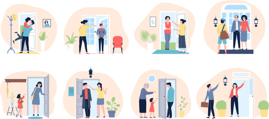 People back home. Kids waiting parents, adults come in and out. Opening door outside house, leaving apartment. Routine life recent vector scenes - obrazy, fototapety, plakaty