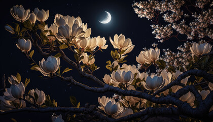 Branches of flowering magnolia at night amid full moon created with generative AI technology