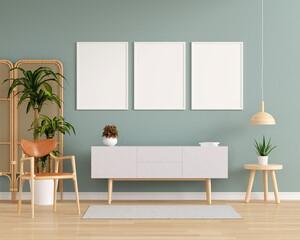 Sideboard in living room with frame mock up, 3D rendering