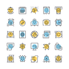 Travel line icons. Set of vacation icons. Black, blue and yellow colors. Modern outline graphic design. Vector line icons set