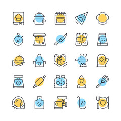 Cooking line icons. Set of vacation icons. Black, blue and yellow colors. Modern outline graphic design. Vector line icons set