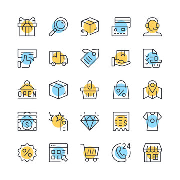 Ecommerce line icons. Set of e-commerce icons. Black, blue and yellow colors. Modern outline graphic design. Vector line icons set