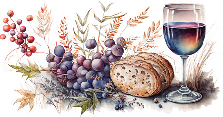 Watercolor drawing centered on bread and a glass of wine. The Lords Supper. Artwork design, easter illustration for tshirt printing or poster.