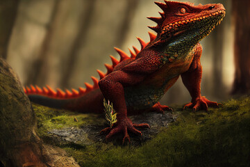 Red lizard in the forest Generative AI